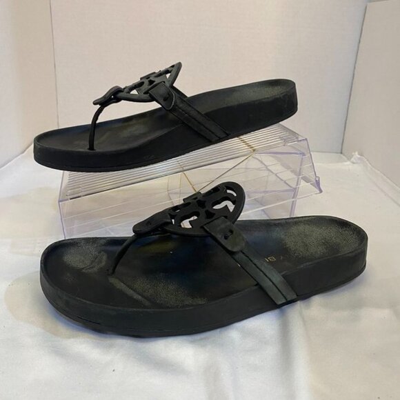 Tory Burch Miller Cloud Leather Logo Thong Sandals Black Slip-On Slides 8 - Picture 8 of 11